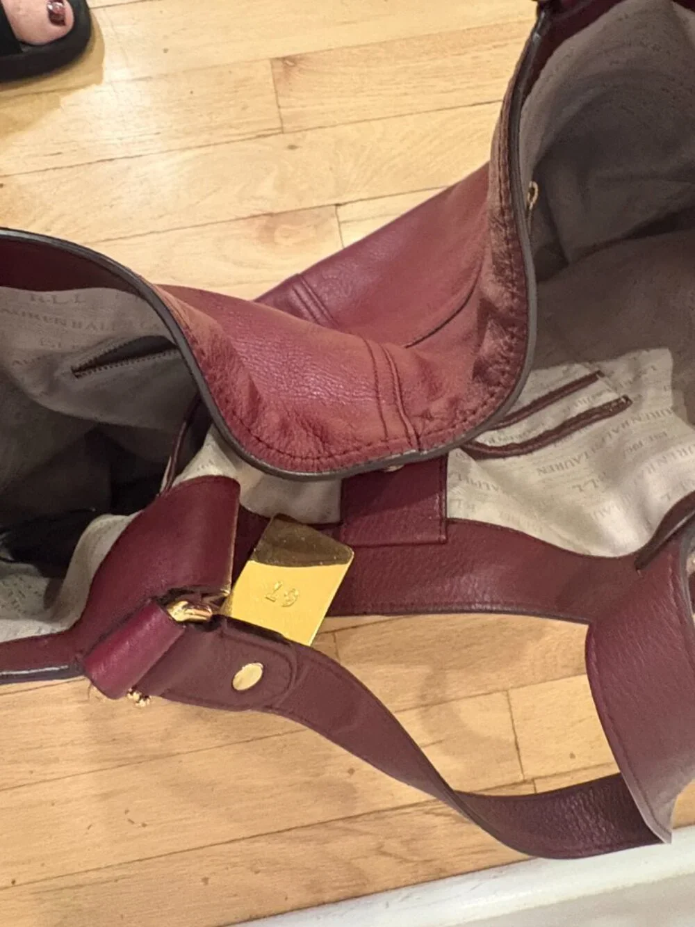 Lauren Ralph Lauren Large Pebbled Leather Tote – Burgundy/Gold Hardware